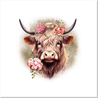 Highland Cow with Pink Flowers Posters and Art
